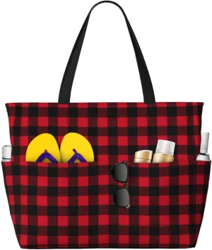 Large Beach Bags Water-resistant Sandproof - Red Black Twill Stripe Plaid Cute Beach Tote Bags for Women with Zipper