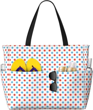 Large Beach Bags Water-resistant Sandproof - Red Blue Polka Dots Cute Beach Tote Bags for Women with Zipper