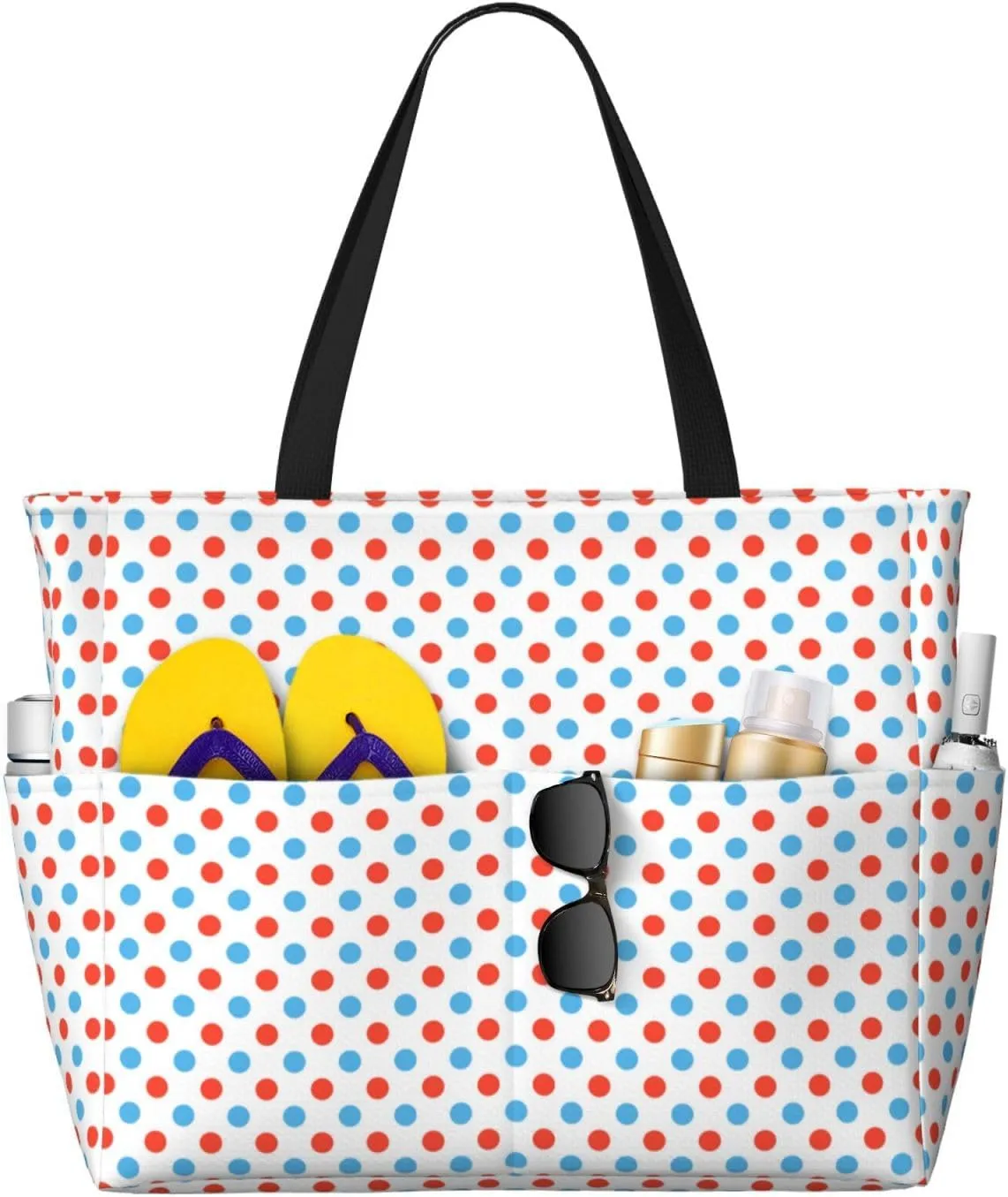 Large Beach Bags Water-resistant Sandproof - Red Blue Polka Dots Cute Beach Tote Bags for Women with Zipper