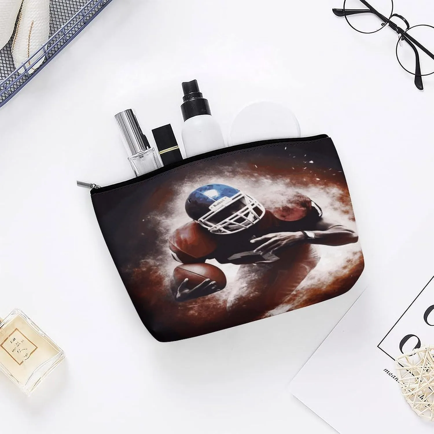 Large Capacity Makeup Bags for Women Portable Leather with Zipper Travelling Makeup Bag American Football Printed