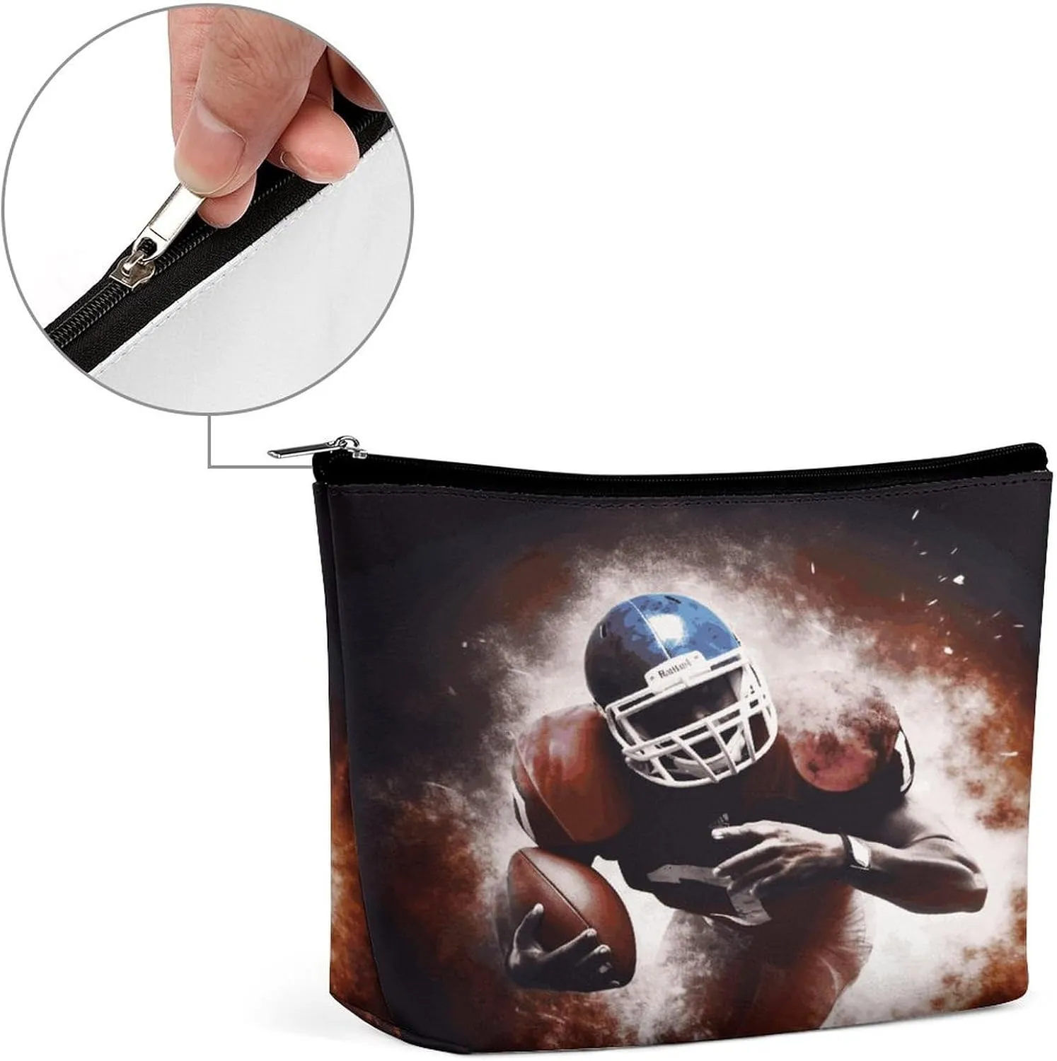 Large Capacity Makeup Bags for Women Portable Leather with Zipper Travelling Makeup Bag American Football Printed