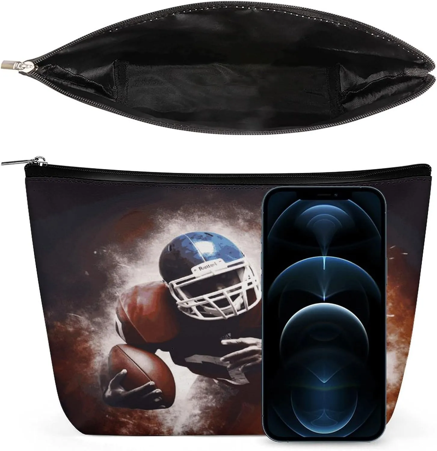 Large Capacity Makeup Bags for Women Portable Leather with Zipper Travelling Makeup Bag American Football Printed