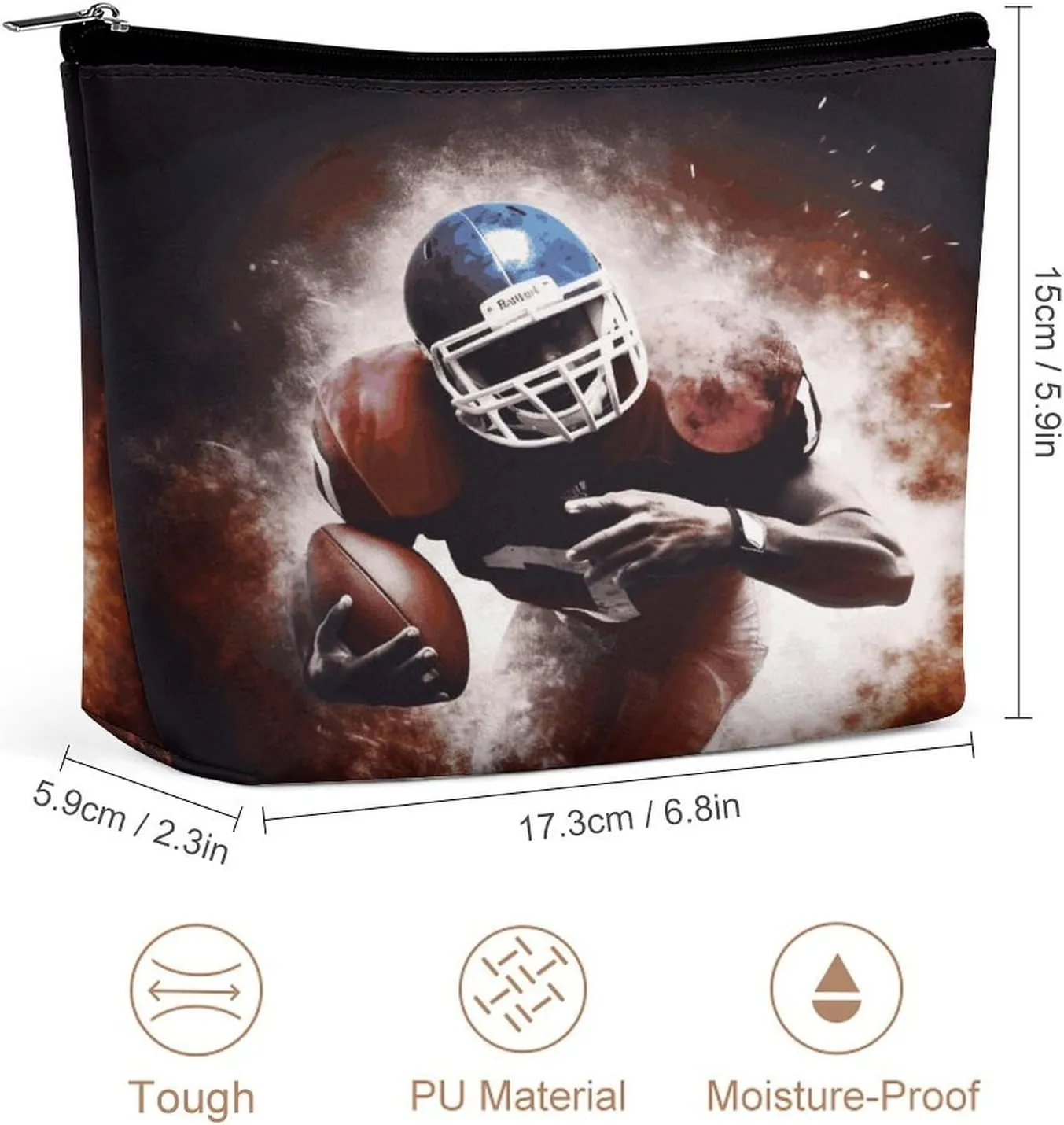 Large Capacity Makeup Bags for Women Portable Leather with Zipper Travelling Makeup Bag American Football Printed