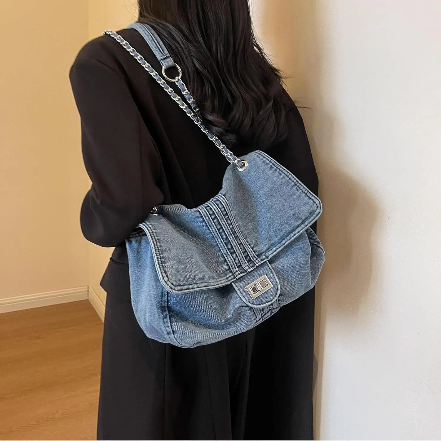 Large Denim Purses for Women Denim Tote Bag Casual Retro Crossbody Lightweight Shoulder Bag Canvas Handbags