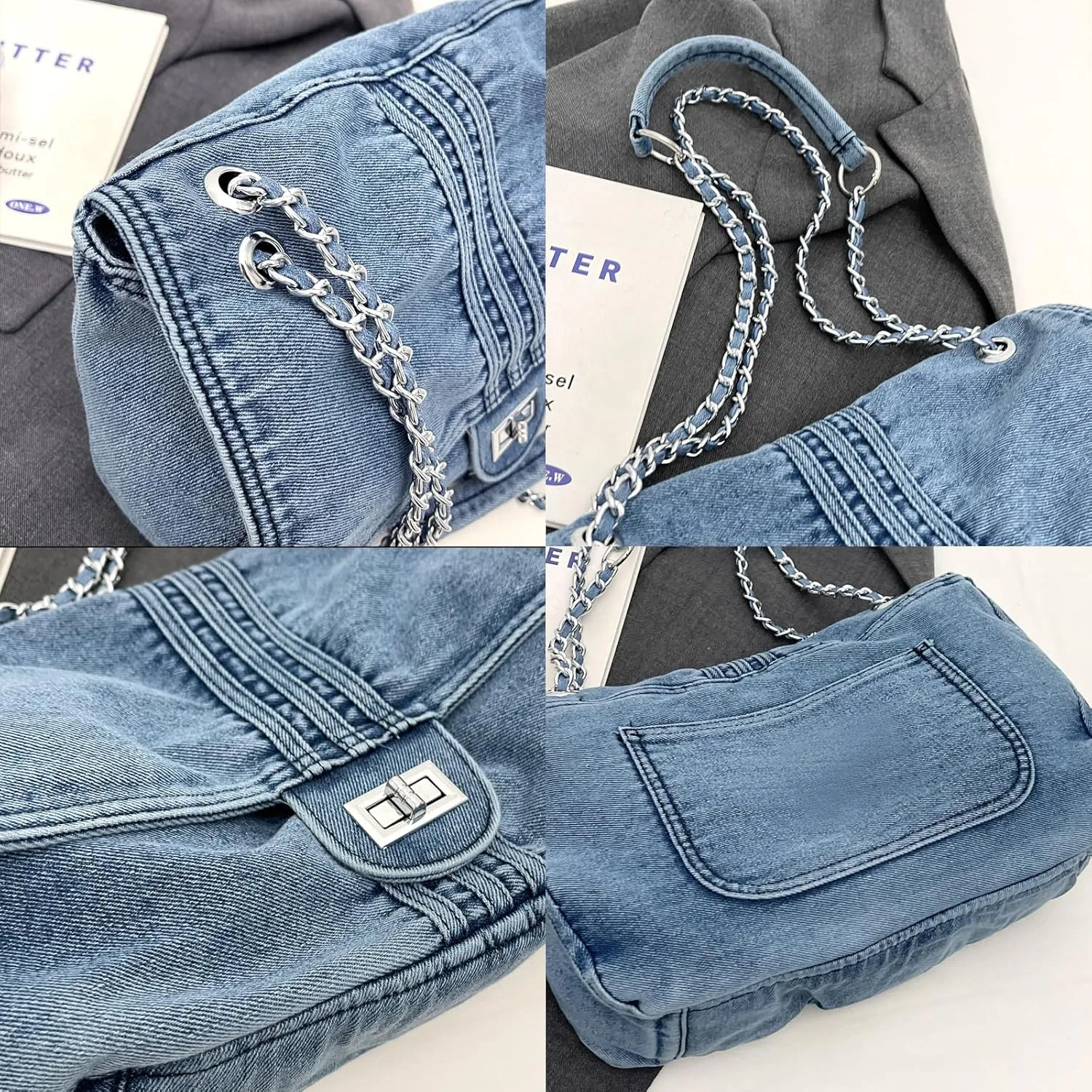 Large Denim Purses for Women Denim Tote Bag Casual Retro Crossbody Lightweight Shoulder Bag Canvas Handbags