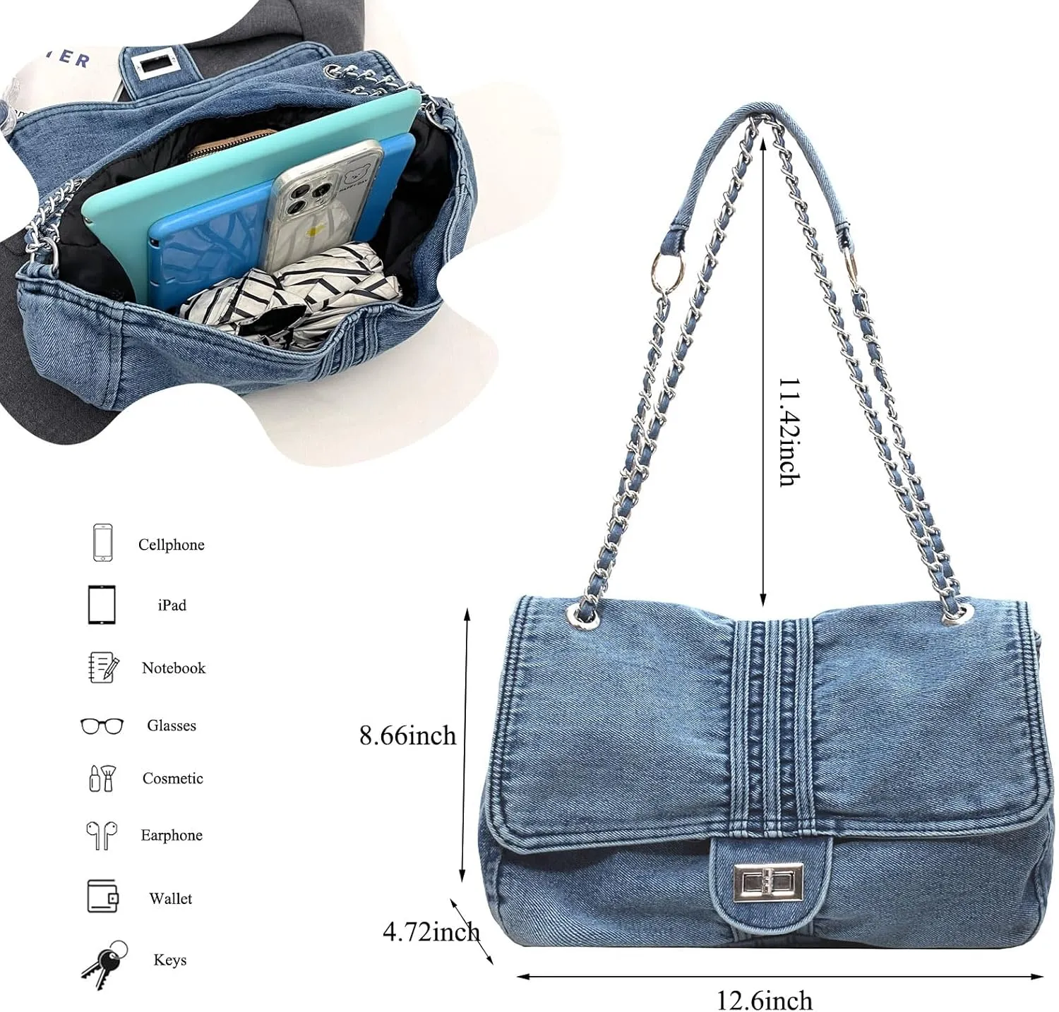 Large Denim Purses for Women Denim Tote Bag Casual Retro Crossbody Lightweight Shoulder Bag Canvas Handbags