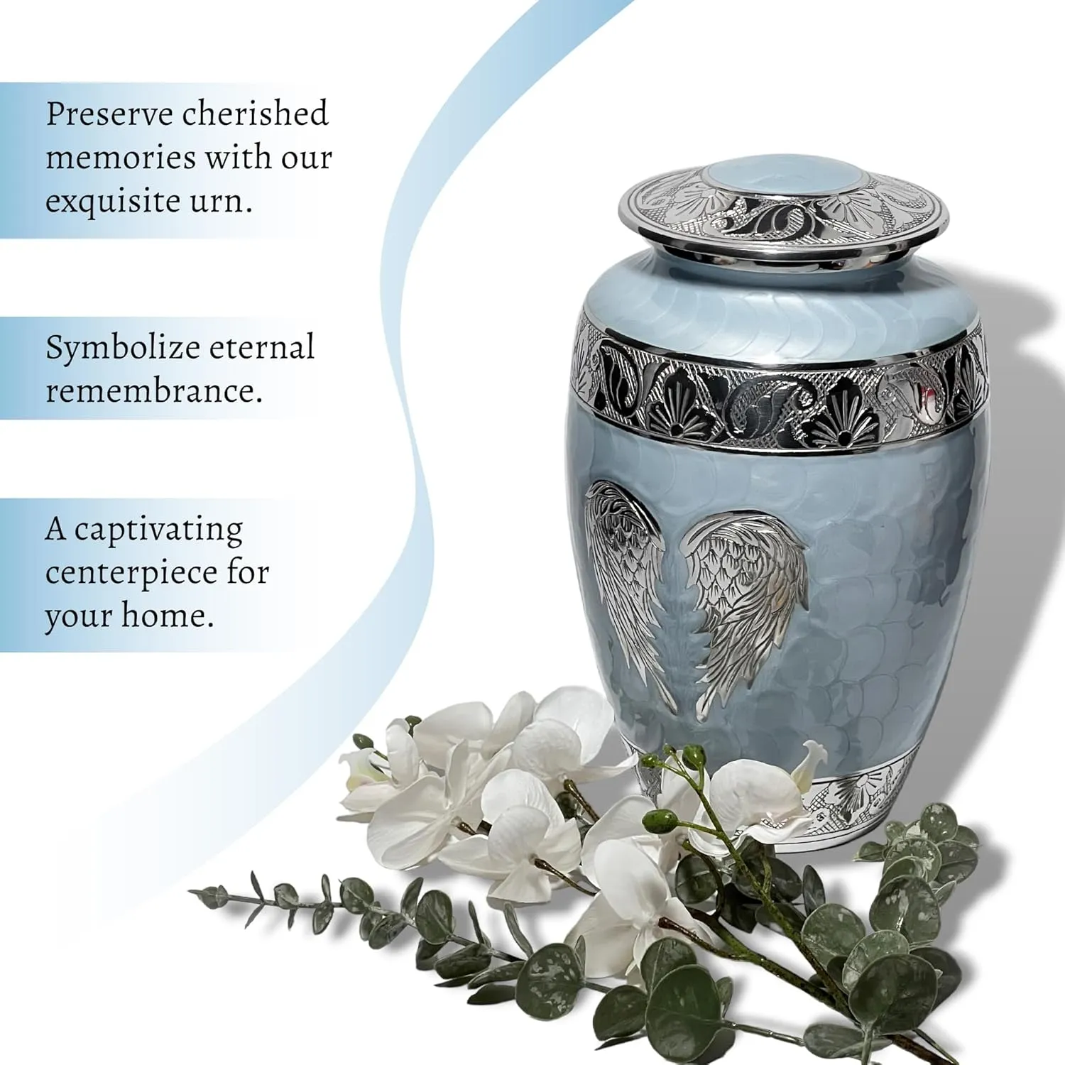 Large Handcrafted Angel Wings Urn for Ashes,10.5 Inches Tall, with Velvet Bag, for Burial & Decoration & Funeral (Sky Blue, Large)