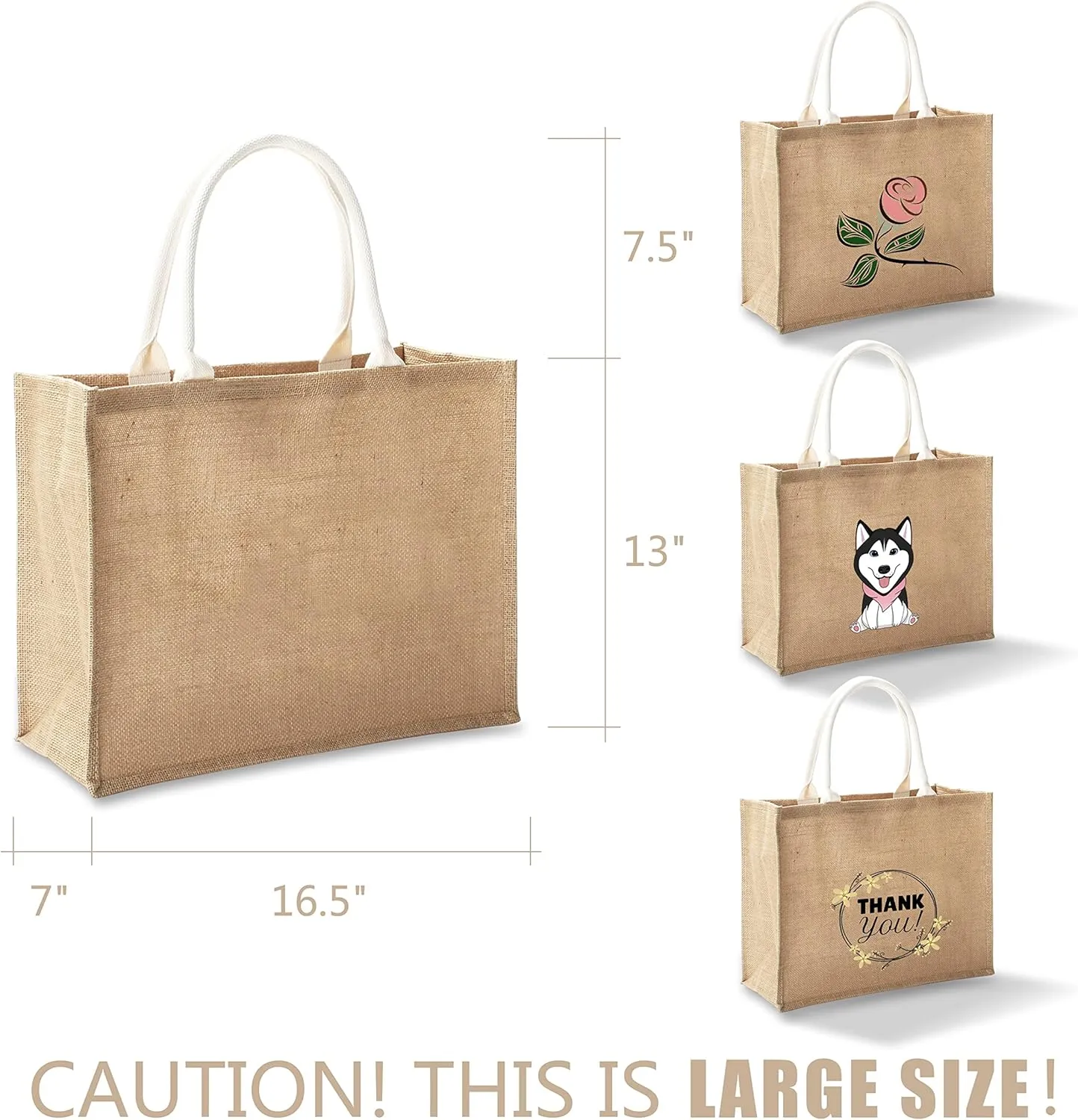Large Jute Tote Bags, 16.5" x 7" x 13", Pack of 1 - Burlap Totes for Beach, Shopping, Gym, Pool, Wedding