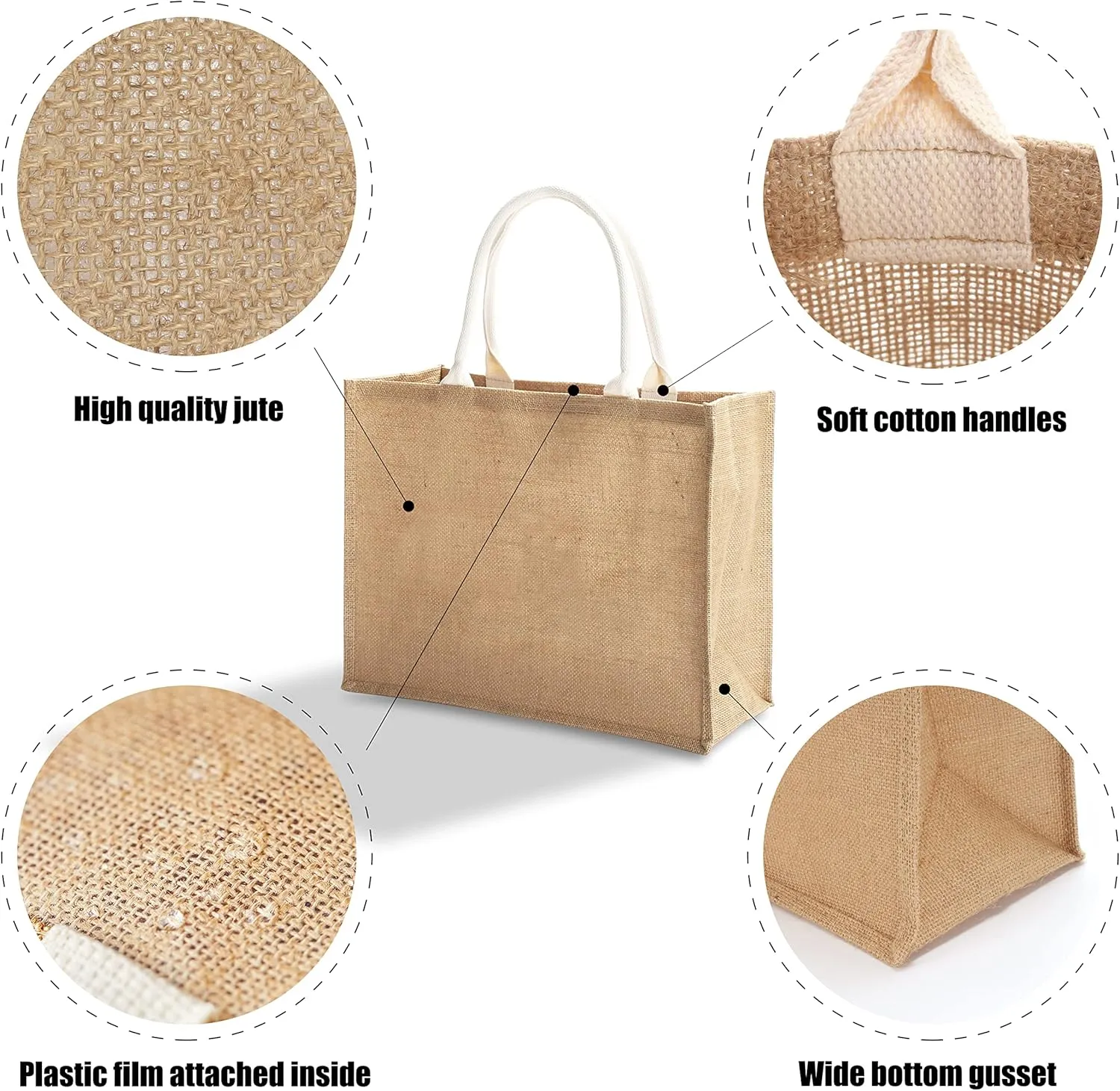 Large Jute Tote Bags, 16.5" x 7" x 13", Pack of 1 - Burlap Totes for Beach, Shopping, Gym, Pool, Wedding