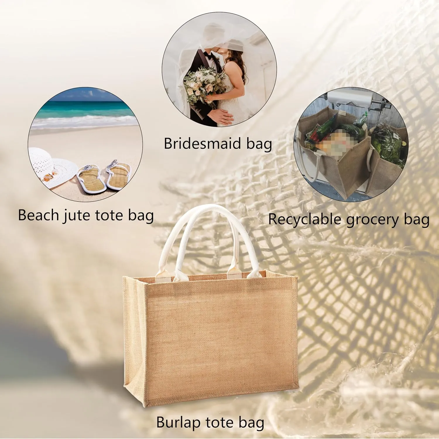 Large Jute Tote Bags, 16.5" x 7" x 13", Pack of 1 - Burlap Totes for Beach, Shopping, Gym, Pool, Wedding