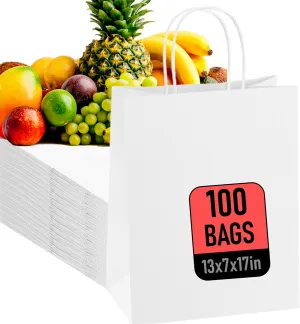 Large Paper Bags With Handles - 17X13X7 White Premium Quality Shopping & Grocery Bags, 100pc - Bulk Pack, 100% Recyclable - Ideal for Merchandise, Retail & Large Gift