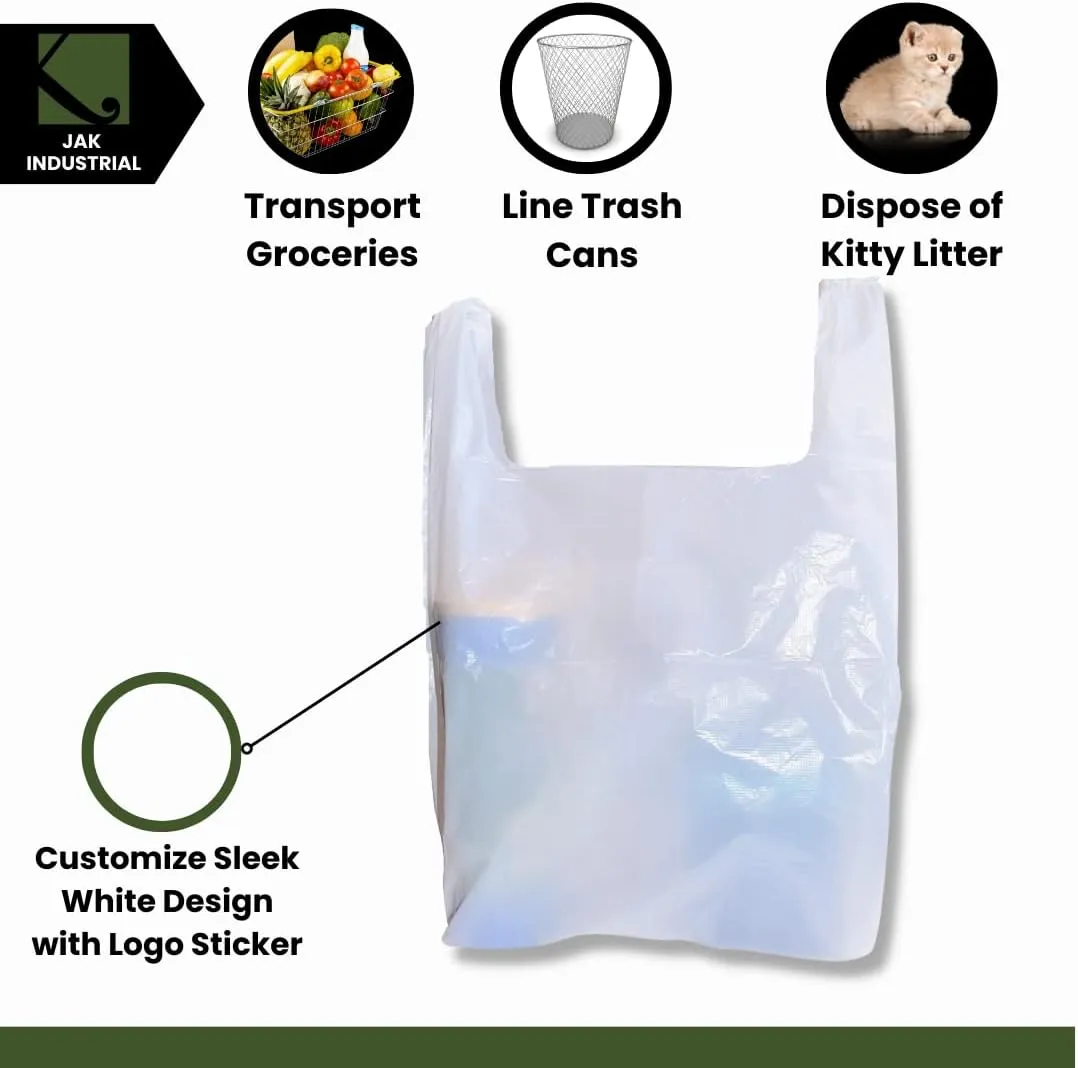 Large Plastic Grocery T-Shirt Bags with Handles - Plain White 21 x 12 x 6 Inches
