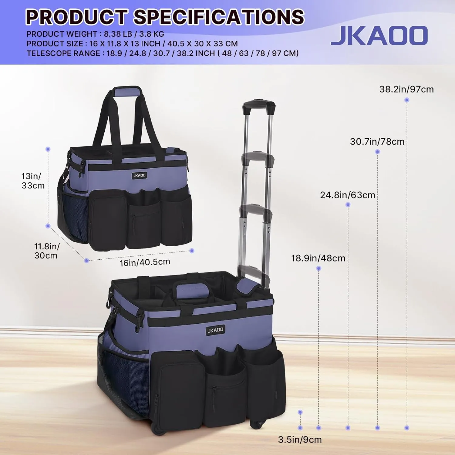 Large Rolling Cleaning Caddy Bag with Detachable Trolley, Waterproof Cleaning Caddy on Wheels for Housekeepers, Cleaning Cart Supplies Organizer for Home,Car,Office,Picnic (Denim Blue)(InPatent)
