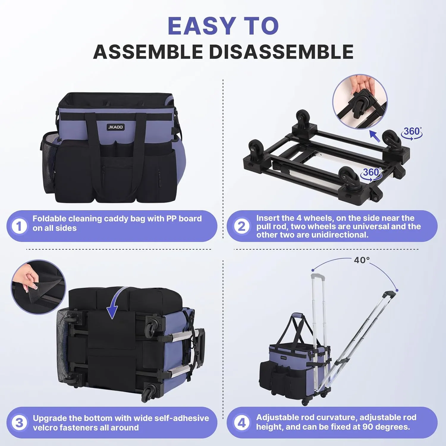 Large Rolling Cleaning Caddy Bag with Detachable Trolley, Waterproof Cleaning Caddy on Wheels for Housekeepers, Cleaning Cart Supplies Organizer for Home,Car,Office,Picnic (Denim Blue)(InPatent)