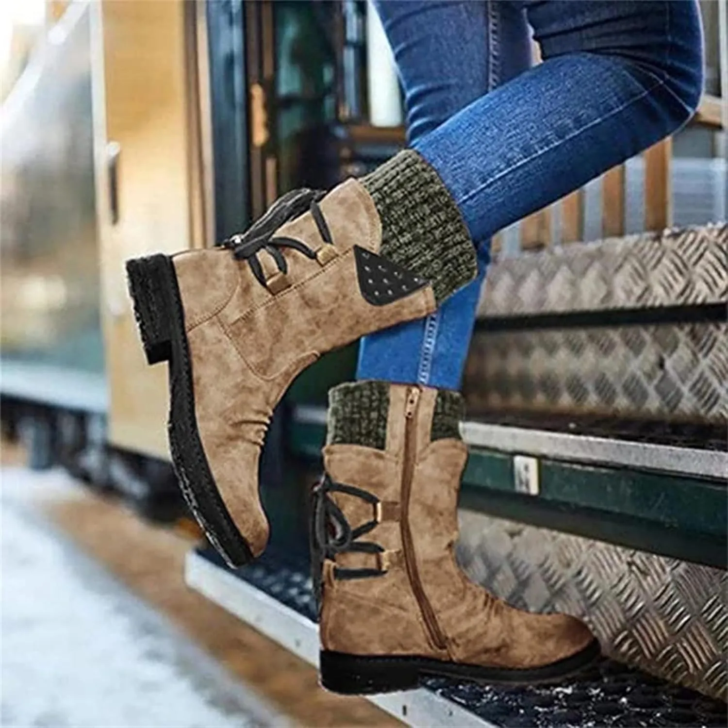 Lausiuoe Boots For Women Low Heel Mid Calf Side Zipper Slouchy Western Cowboy Booties Winter Warm Non Slip Platform Outdoor Shoes