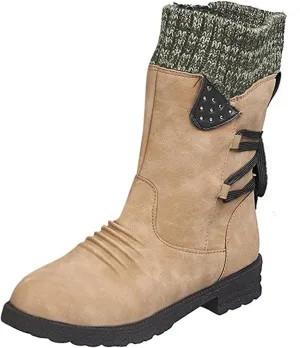 Lausiuoe Boots For Women Low Heel Mid Calf Side Zipper Slouchy Western Cowboy Booties Winter Warm Non Slip Platform Outdoor Shoes