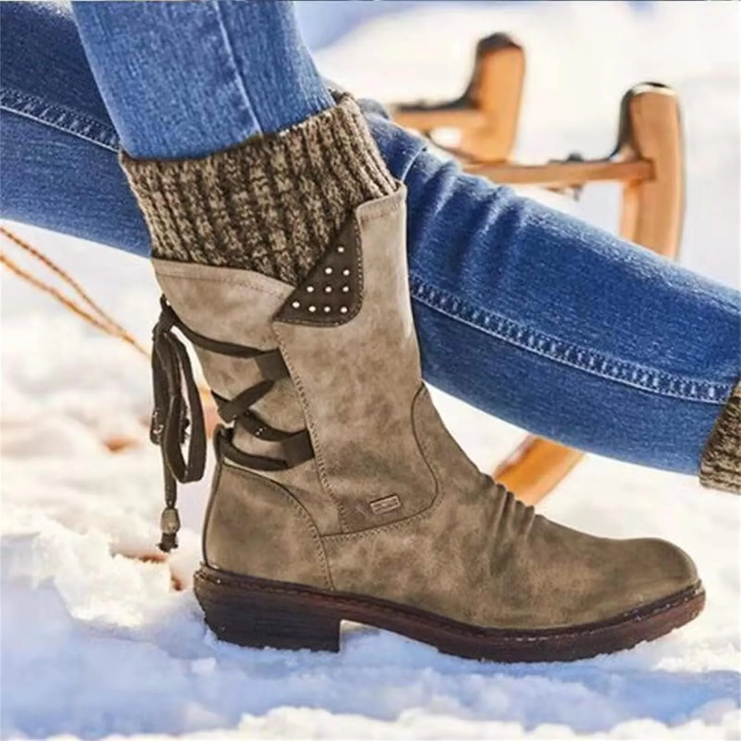 Lausiuoe Boots For Women Low Heel Mid Calf Side Zipper Slouchy Western Cowboy Booties Winter Warm Non Slip Platform Outdoor Shoes