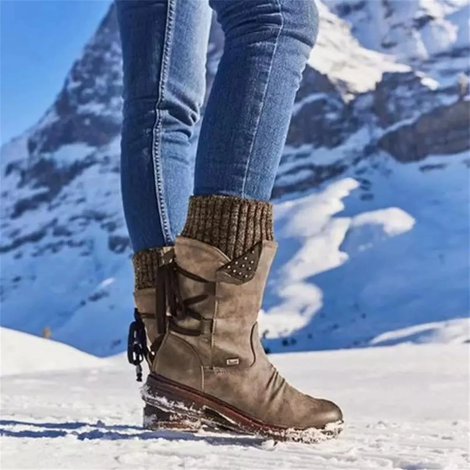 Lausiuoe Boots For Women Low Heel Mid Calf Side Zipper Slouchy Western Cowboy Booties Winter Warm Non Slip Platform Outdoor Shoes