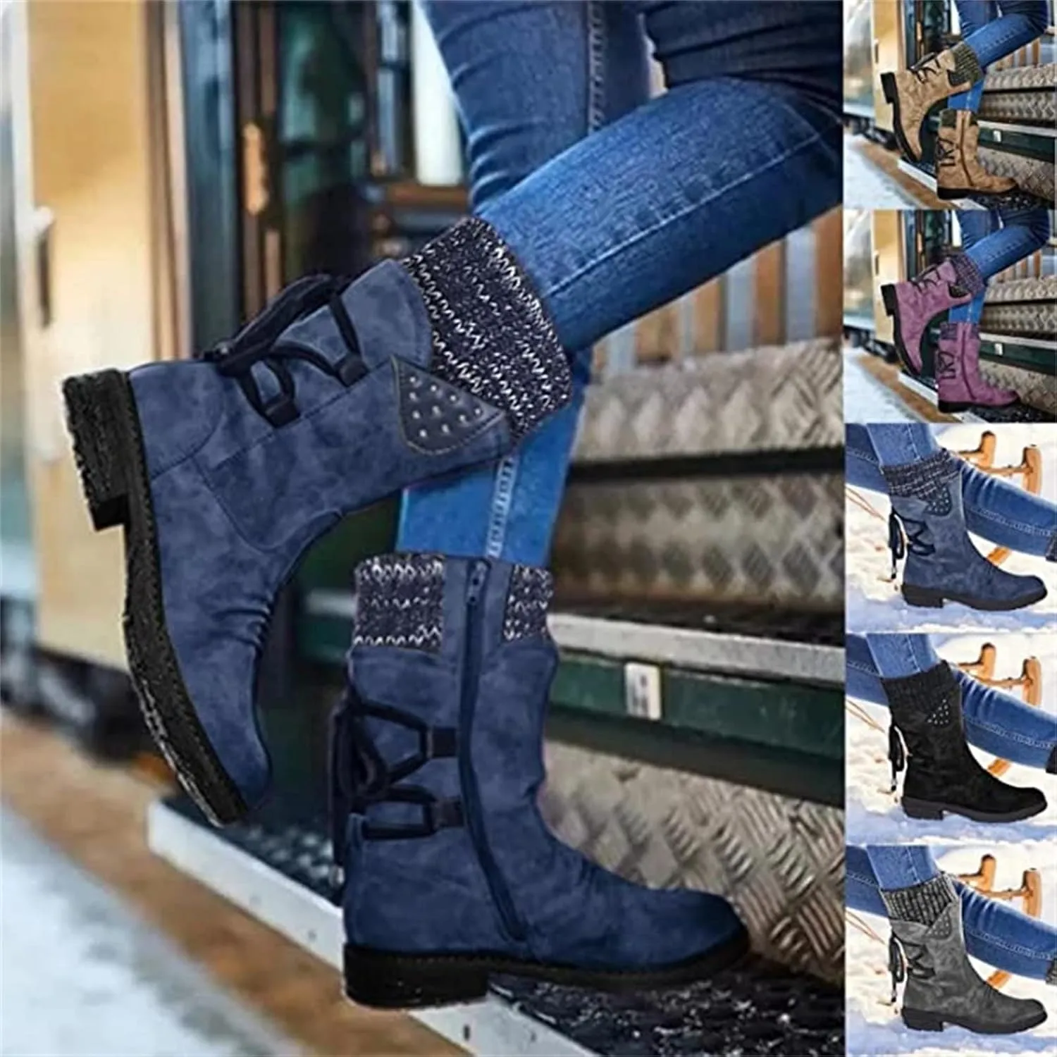 Lausiuoe Boots For Women Low Heel Mid Calf Side Zipper Slouchy Western Cowboy Booties Winter Warm Non Slip Platform Outdoor Shoes