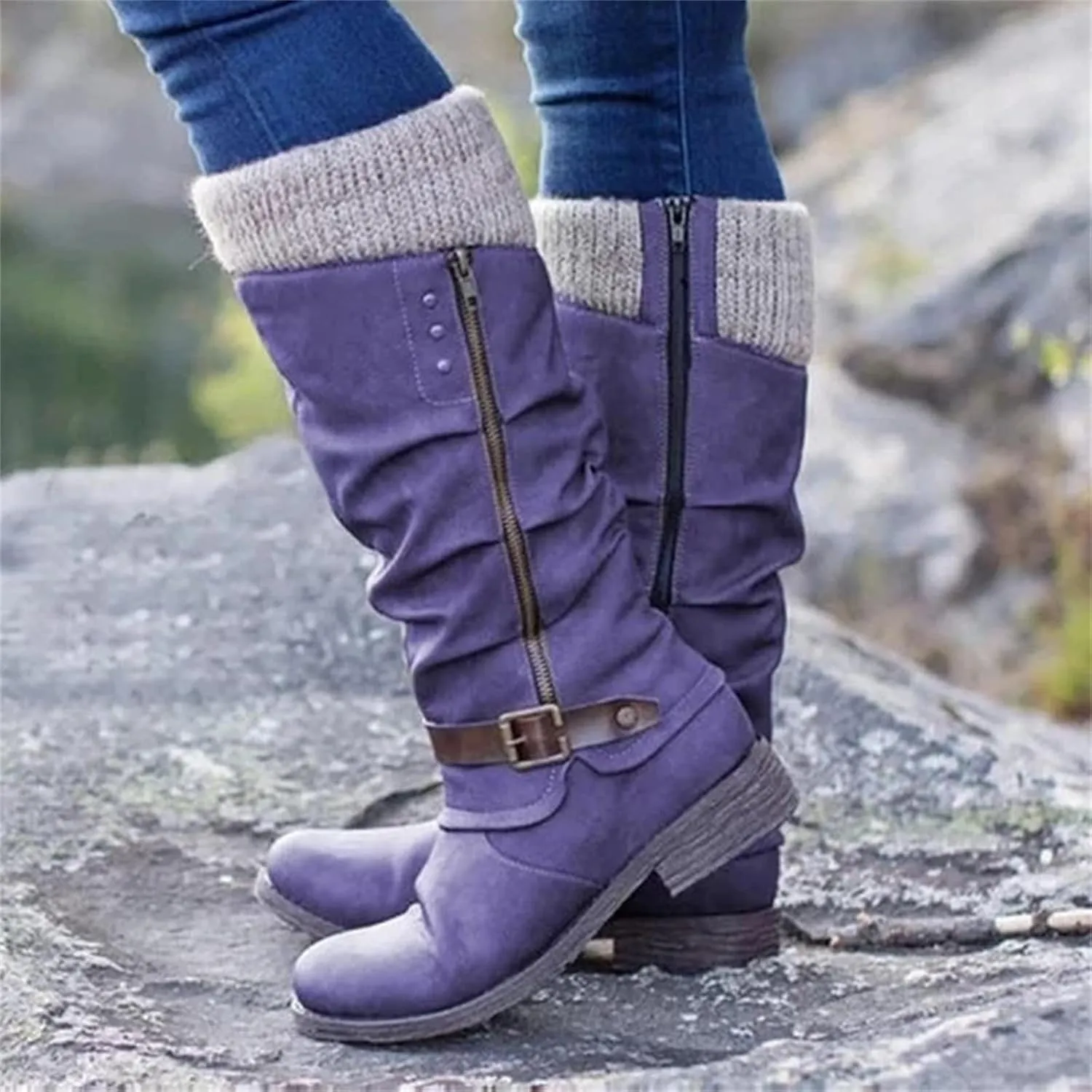 Lausiuoe Boots For Women Low Heel Mid Calf Slouchy Side Zip Flat Booties Wide Calf Western Cowboy Winter Non Slip Outdoor Shoes