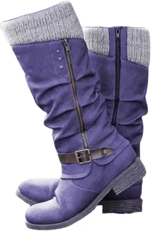 Lausiuoe Boots For Women Low Heel Mid Calf Slouchy Side Zip Flat Booties Wide Calf Western Cowboy Winter Non Slip Outdoor Shoes