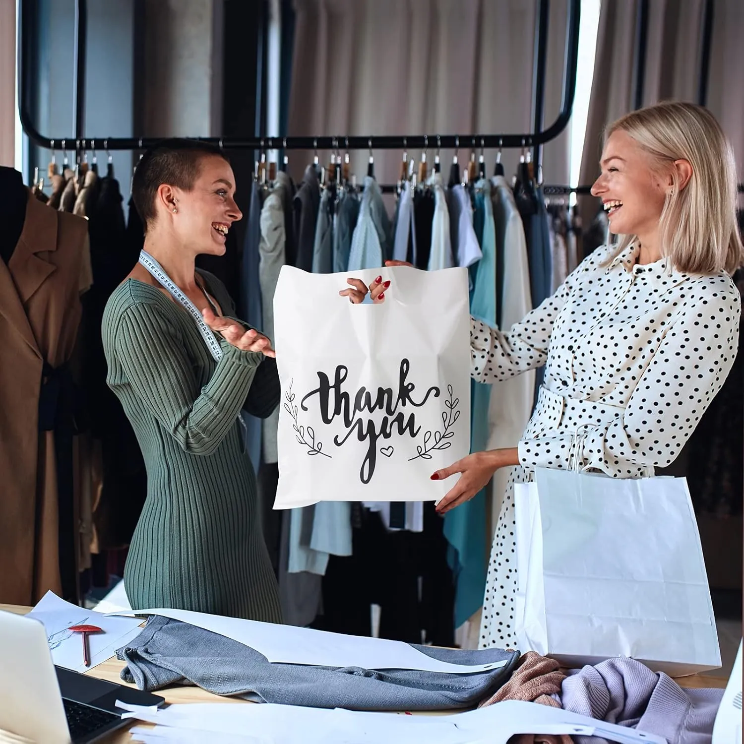LazyMe Thank You Merchandise Bags, Plastic Bags with Die Cut Handles for Retail Shopping, Boutique and Goodies, 12x15 Inches (White with Black Printing, 100pcs)