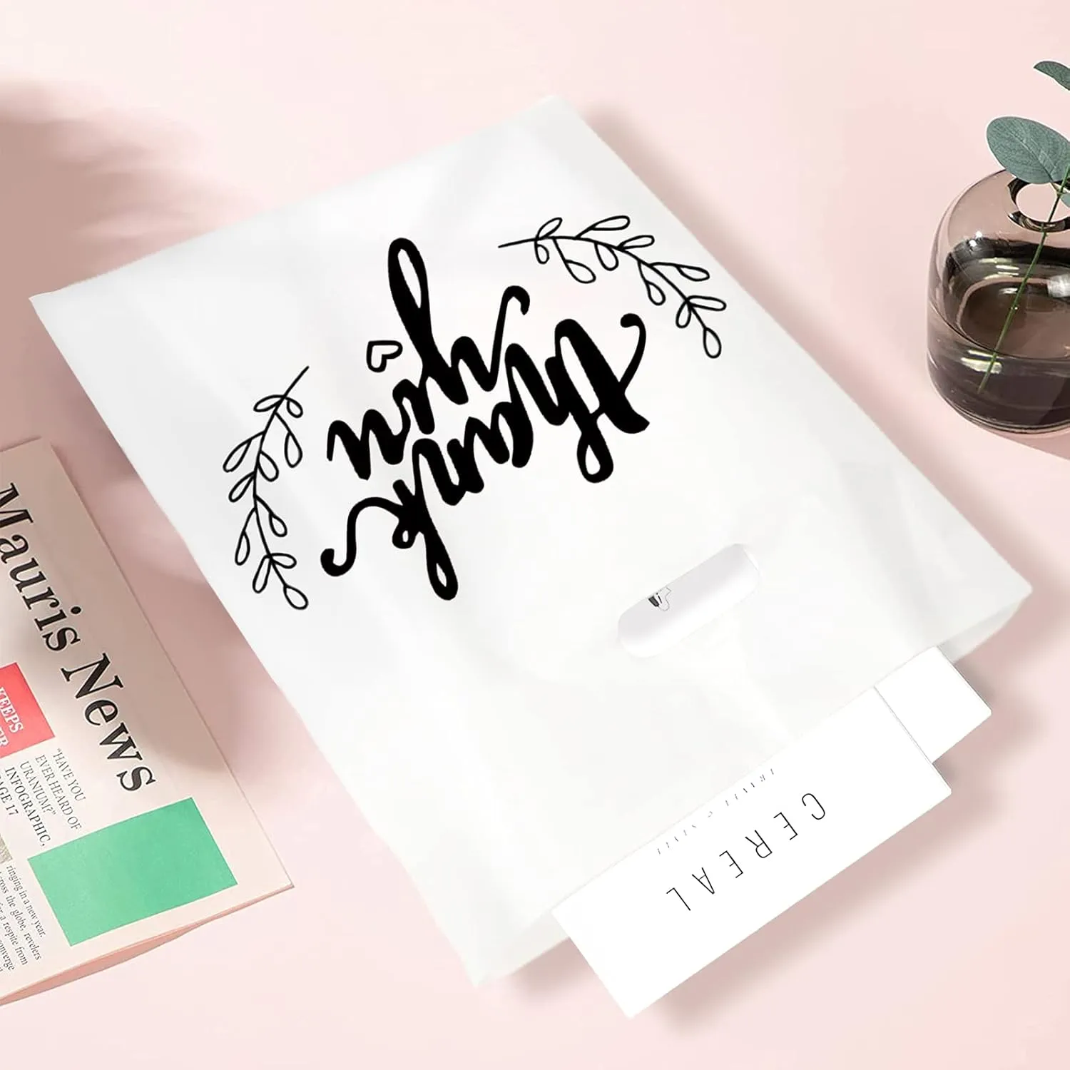 LazyMe Thank You Merchandise Bags, Plastic Bags with Die Cut Handles for Retail Shopping, Boutique and Goodies, 12x15 Inches (White with Black Printing, 100pcs)