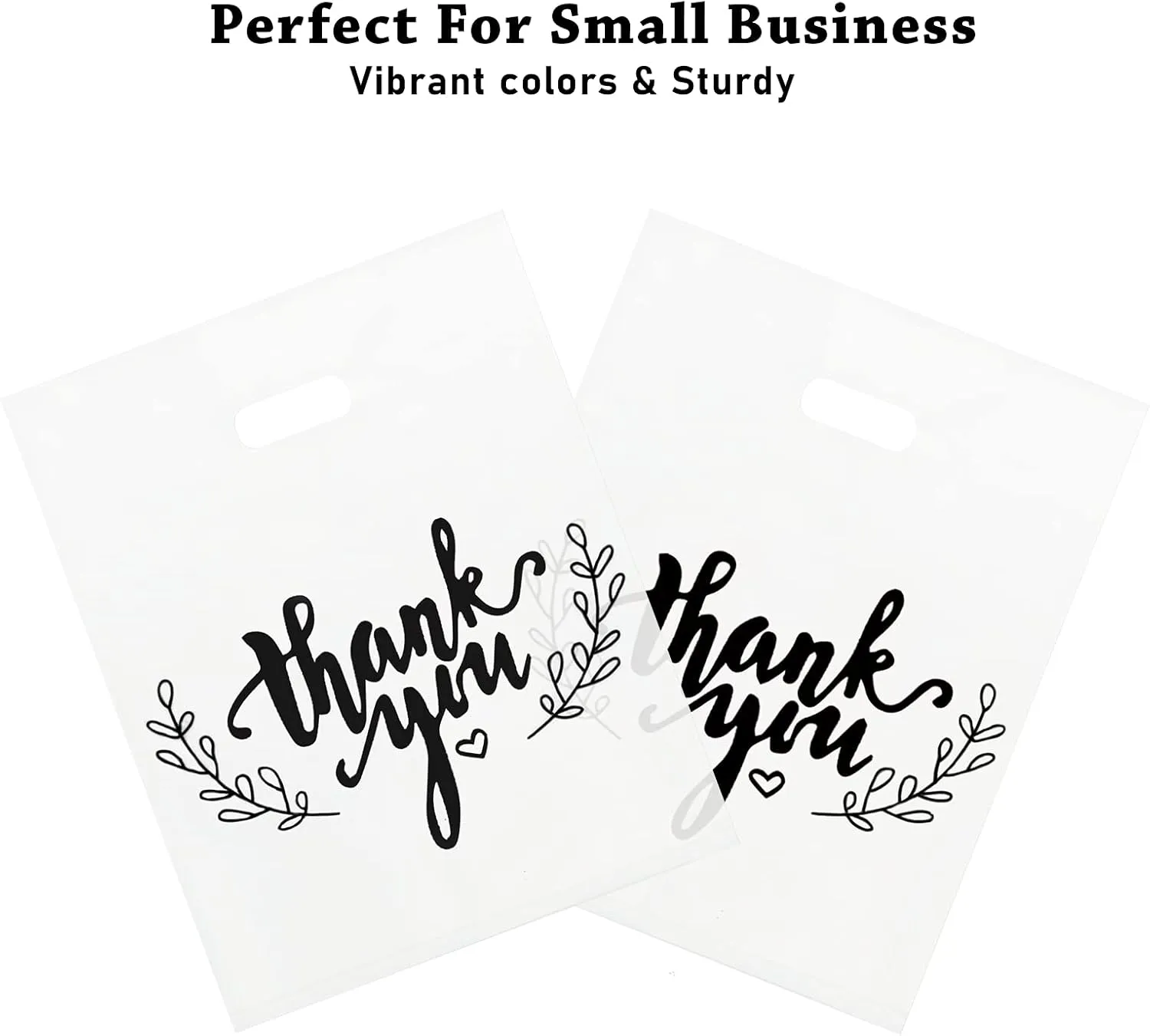 LazyMe Thank You Merchandise Bags, Plastic Bags with Die Cut Handles for Retail Shopping, Boutique and Goodies, 12x15 Inches (White with Black Printing, 100pcs)