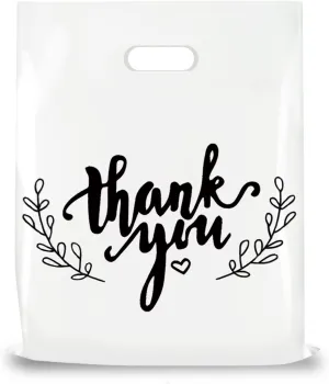 LazyMe Thank You Merchandise Bags, Plastic Bags with Die Cut Handles for Retail Shopping, Boutique and Goodies, 12x15 Inches (White with Black Printing, 100pcs)