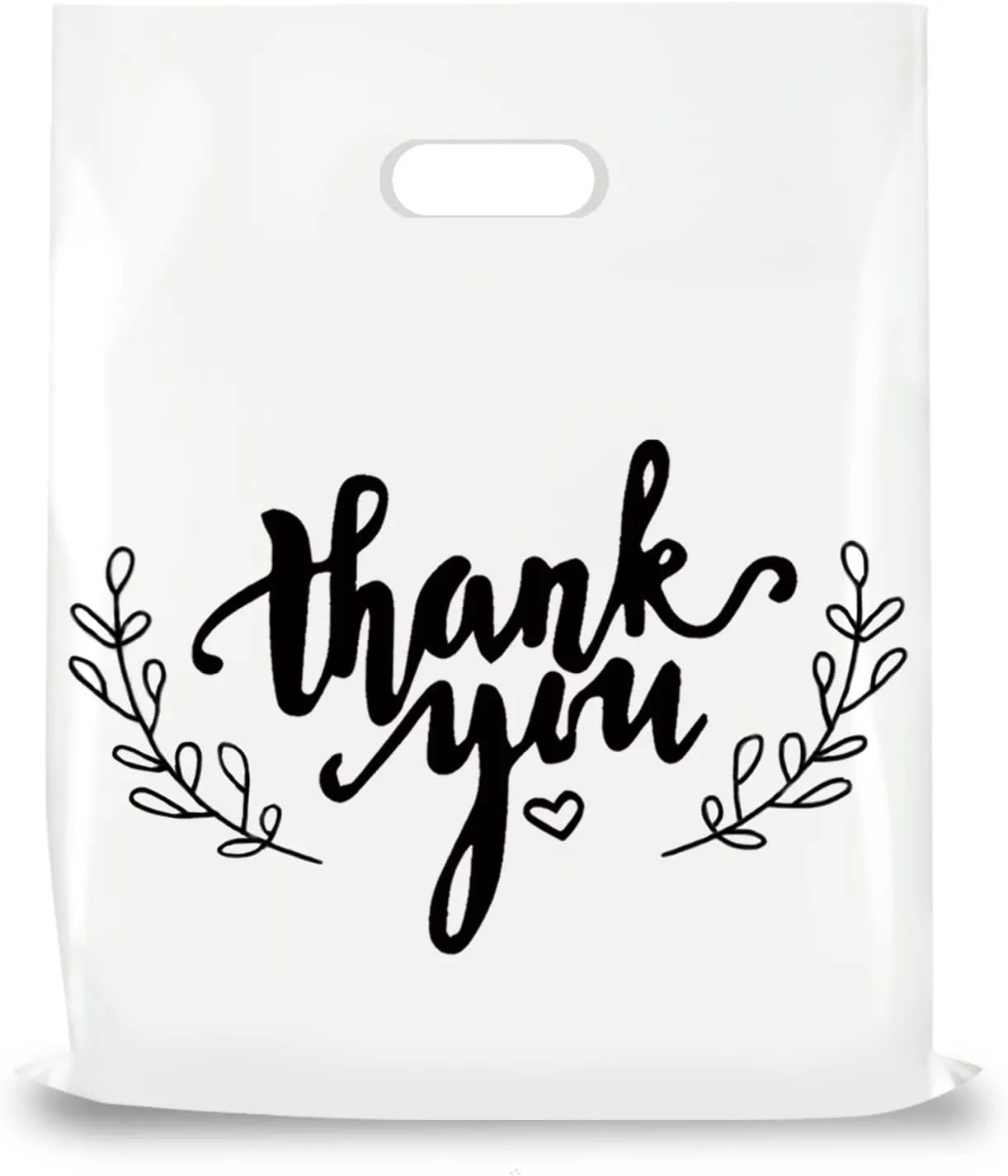 LazyMe Thank You Merchandise Bags, Plastic Bags with Die Cut Handles for Retail Shopping, Boutique and Goodies, 12x15 Inches (White with Black Printing, 100pcs)