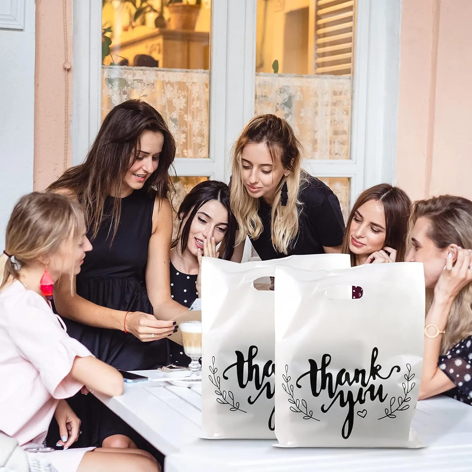 LazyMe Thank You Merchandise Bags, Plastic Bags with Die Cut Handles for Retail Shopping, Boutique and Goodies, 12x15 Inches (White with Black Printing, 100pcs)