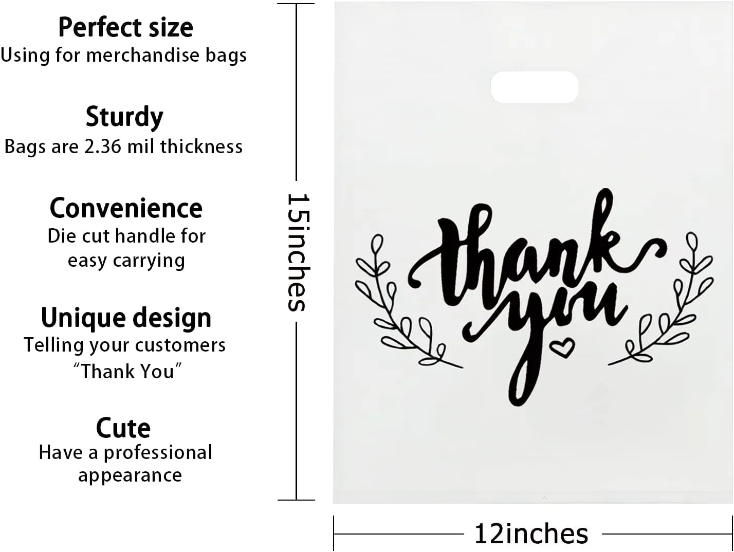 LazyMe Thank You Merchandise Bags, Plastic Bags with Die Cut Handles for Retail Shopping, Boutique and Goodies, 12x15 Inches (White with Black Printing, 100pcs)