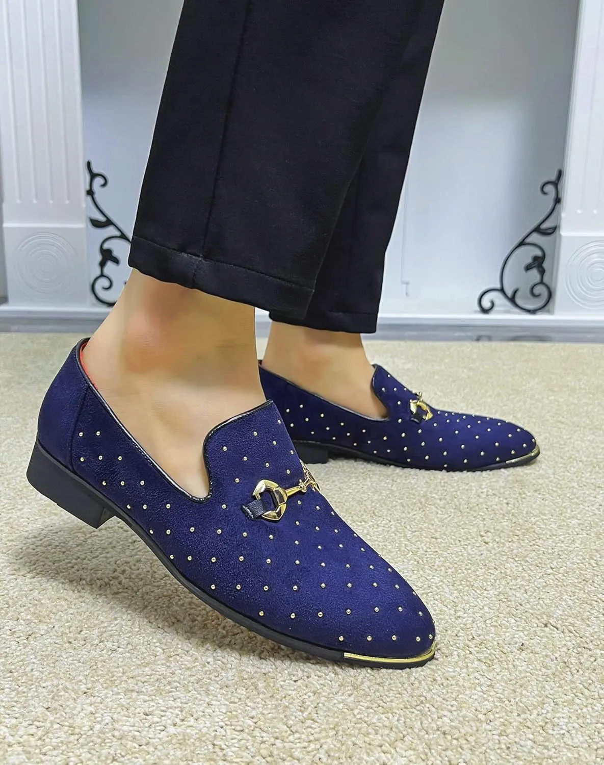 LCQL Men's Noble Suede Loafers Shoes Slip-on Dress Shoes with Gold Rivet Party Dancing Shoes Plus Size 7-12.5