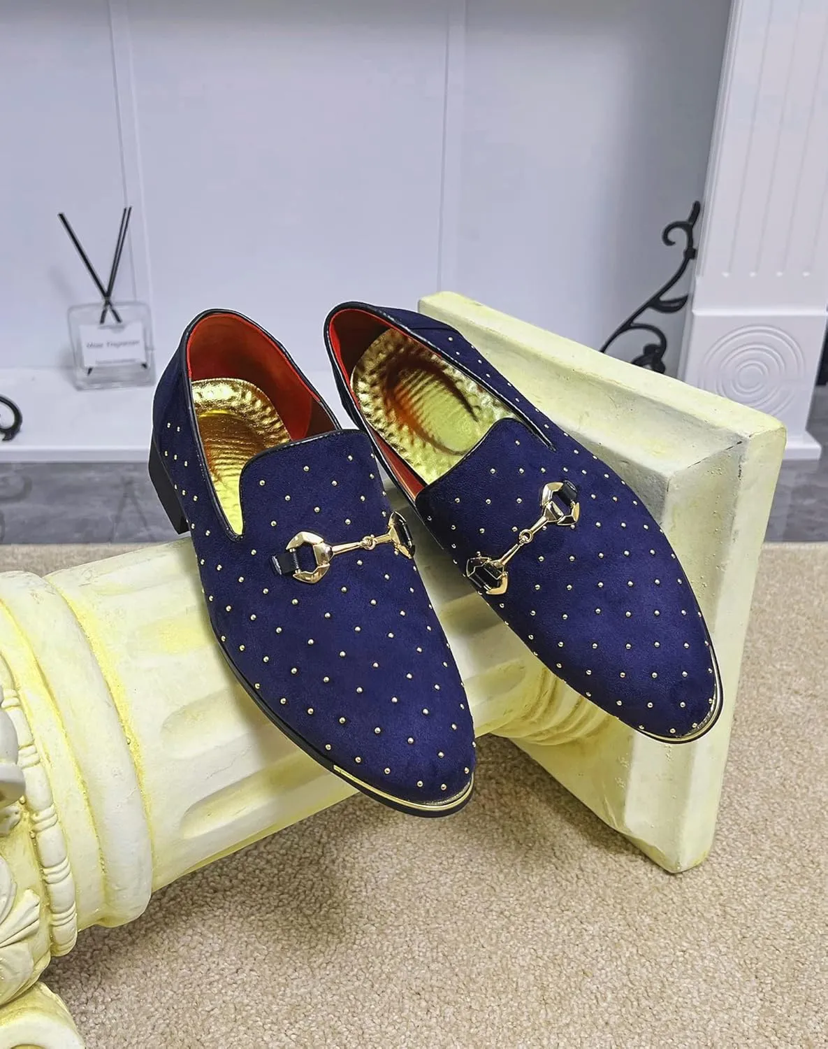 LCQL Men's Noble Suede Loafers Shoes Slip-on Dress Shoes with Gold Rivet Party Dancing Shoes Plus Size 7-12.5