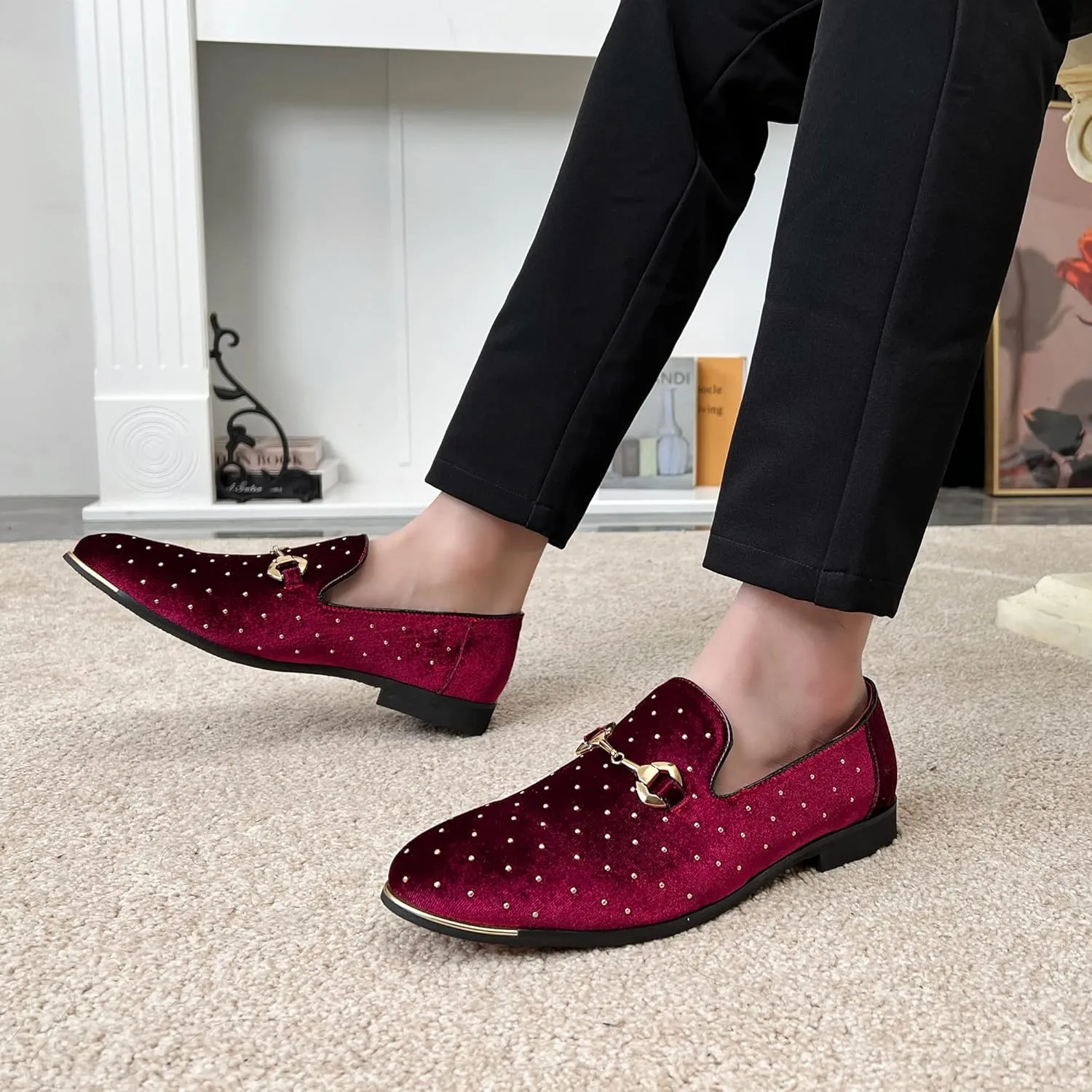 LCQL Men's Noble Suede Loafers Shoes Slip-on Dress Shoes with Gold Rivet Party Dancing Shoes Plus Size 7-12.5