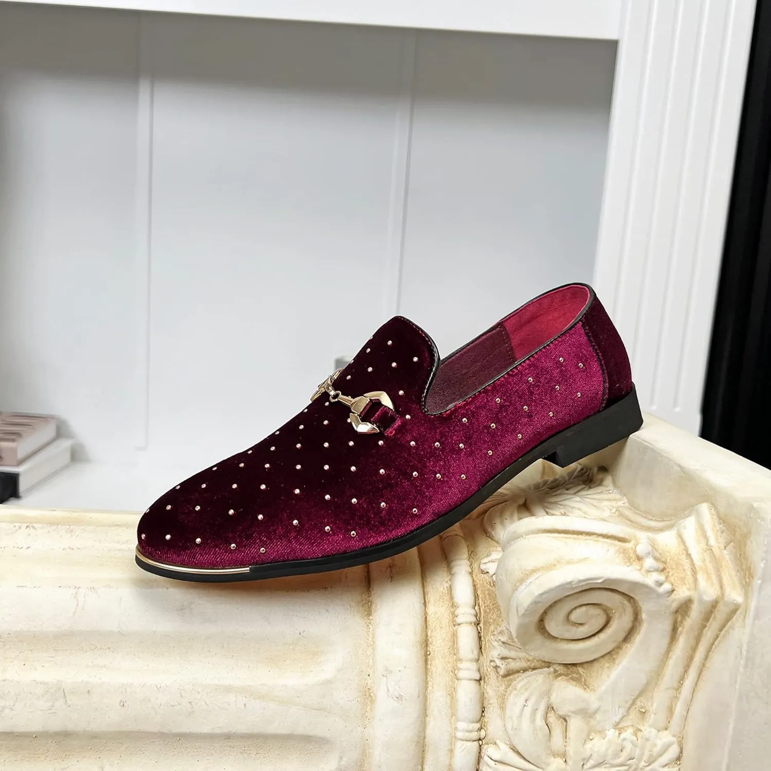 LCQL Men's Noble Suede Loafers Shoes Slip-on Dress Shoes with Gold Rivet Party Dancing Shoes Plus Size 7-12.5
