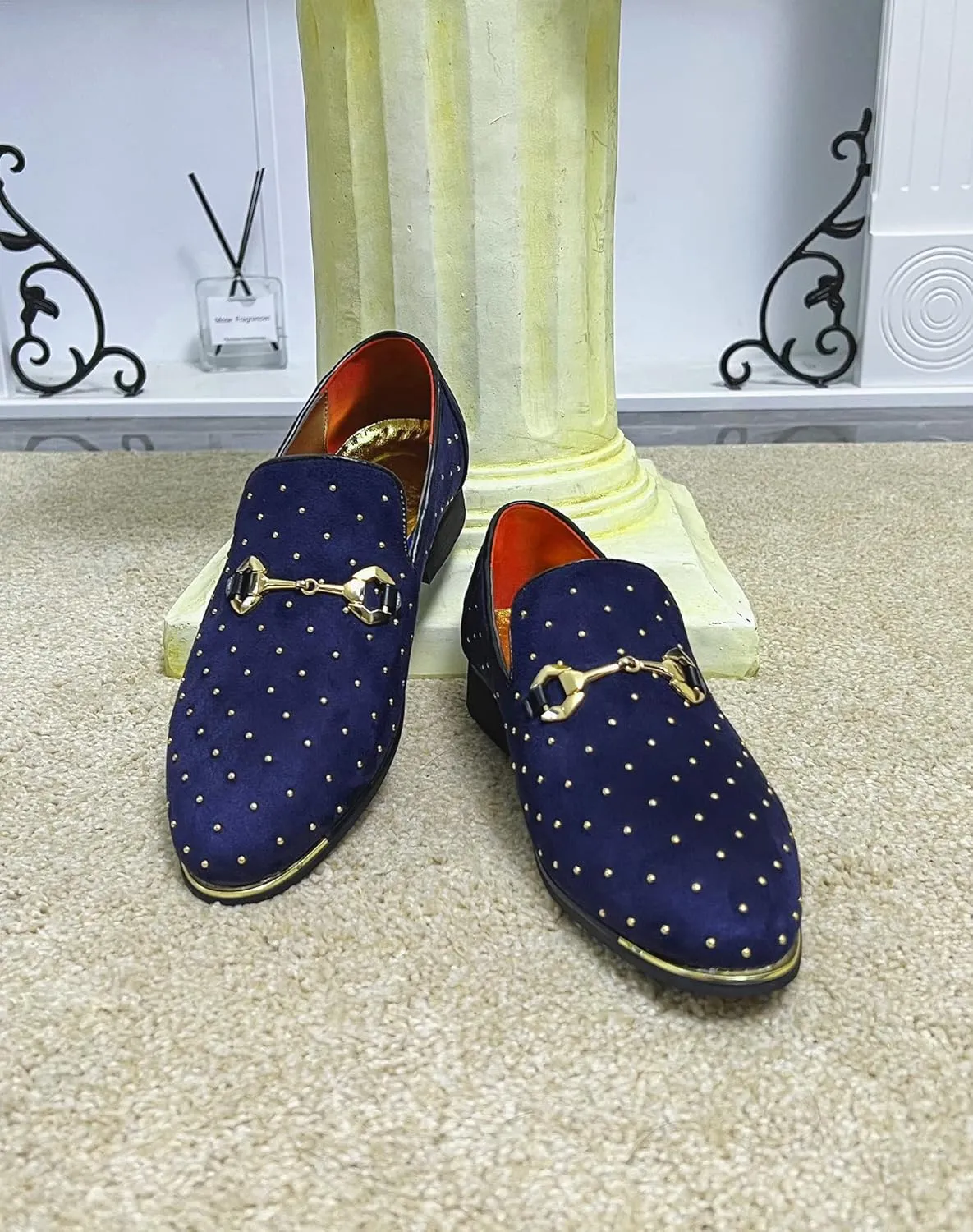 LCQL Men's Noble Suede Loafers Shoes Slip-on Dress Shoes with Gold Rivet Party Dancing Shoes Plus Size 7-12.5