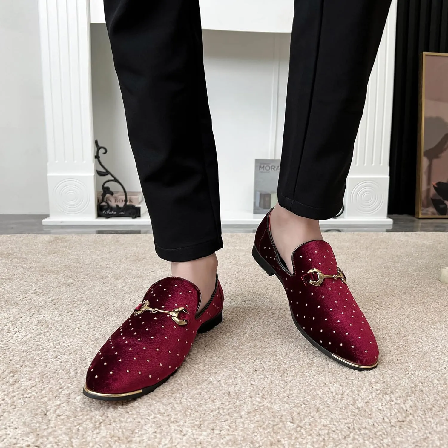 LCQL Men's Noble Suede Loafers Shoes Slip-on Dress Shoes with Gold Rivet Party Dancing Shoes Plus Size 7-12.5