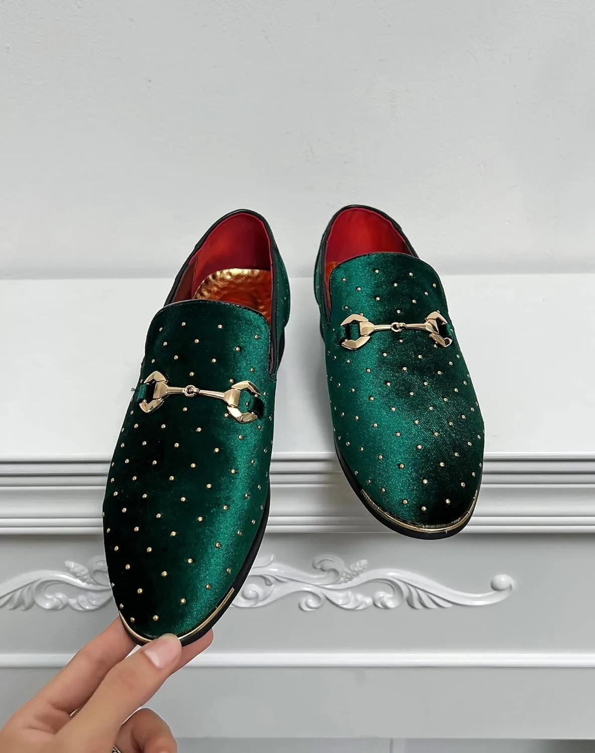 LCQL Men's Noble Suede Loafers Shoes Slip-on Dress Shoes with Gold Rivet Party Dancing Shoes Plus Size 7-12.5