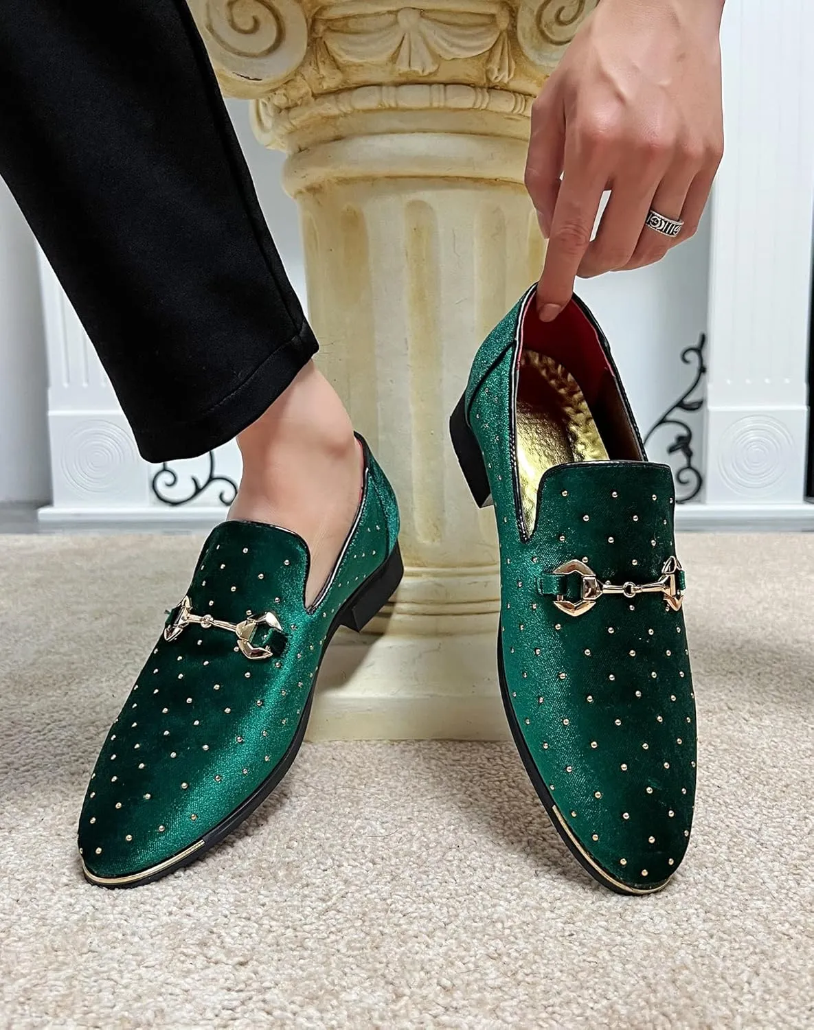 LCQL Men's Noble Suede Loafers Shoes Slip-on Dress Shoes with Gold Rivet Party Dancing Shoes Plus Size 7-12.5