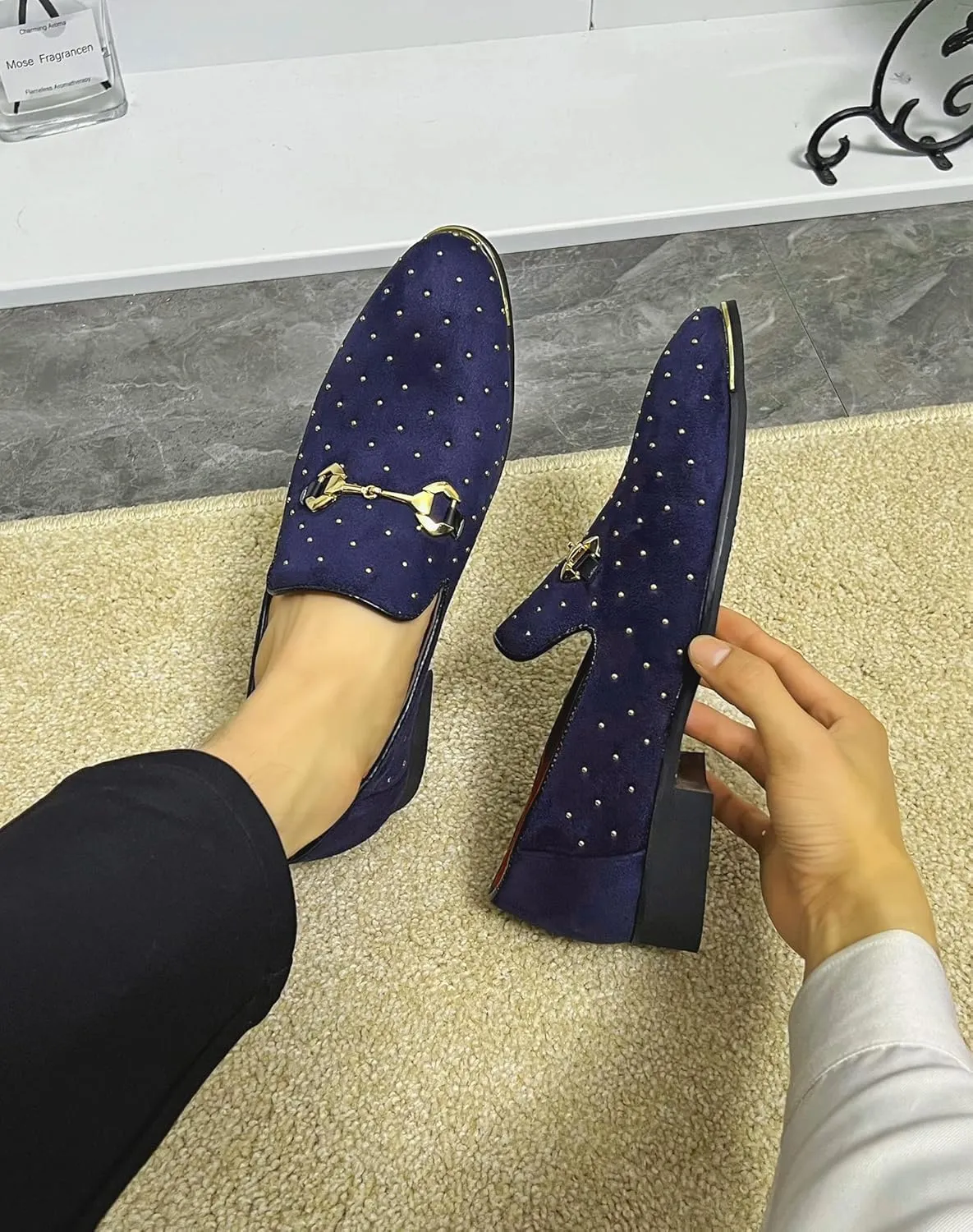 LCQL Men's Noble Suede Loafers Shoes Slip-on Dress Shoes with Gold Rivet Party Dancing Shoes Plus Size 7-12.5