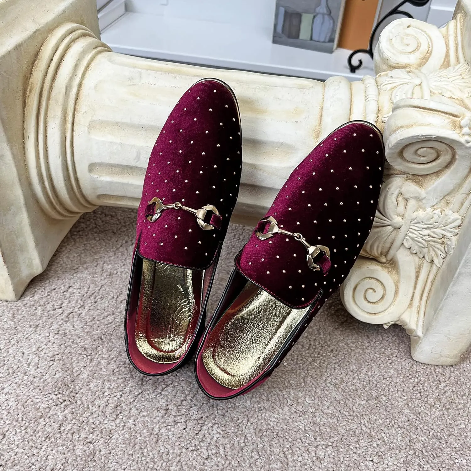 LCQL Men's Noble Suede Loafers Shoes Slip-on Dress Shoes with Gold Rivet Party Dancing Shoes Plus Size 7-12.5