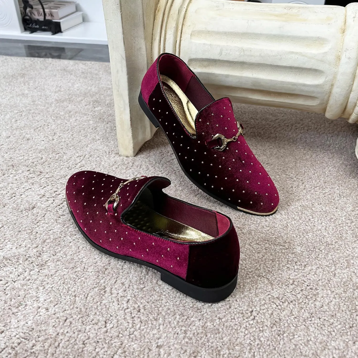 LCQL Men's Noble Suede Loafers Shoes Slip-on Dress Shoes with Gold Rivet Party Dancing Shoes Plus Size 7-12.5