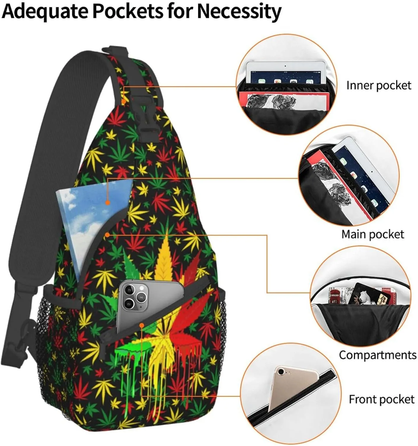 Leaf Weed Rasta Marijuana Red Yellow Green Art Mans Crossbody Chest Bag Single Shoulder Bag Adjustable Strap Sling Bags