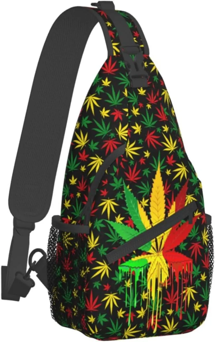 Leaf Weed Rasta Marijuana Red Yellow Green Art Mans Crossbody Chest Bag Single Shoulder Bag Adjustable Strap Sling Bags