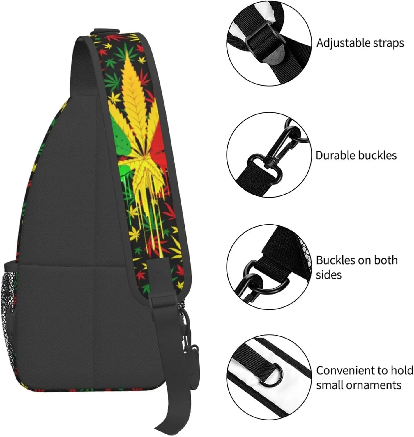 Leaf Weed Rasta Marijuana Red Yellow Green Art Mans Crossbody Chest Bag Single Shoulder Bag Adjustable Strap Sling Bags