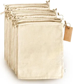 LEAFICO Organic Cotton Produce Bags – Medium 8x10 Inch (12-Pack) – Reusable Muslin Storage Bags with Drawstrings – Biodegradable Canvas Fabric – Perfect for Snacks, Clothes