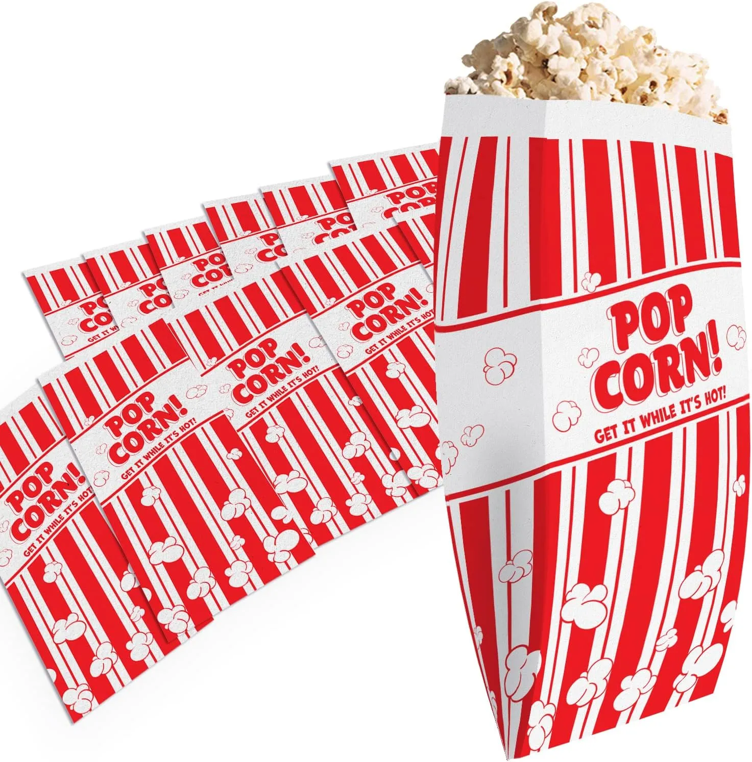 Leak-proof, Grease Resistant Popcorn Bags 50 Pack. Tear Resistant, Single Serving 2oz Paper Sleeves in Nostalgic Red/White Design. Great Movie Theme Party Supplies, Retro Carnivals & Fundraisers