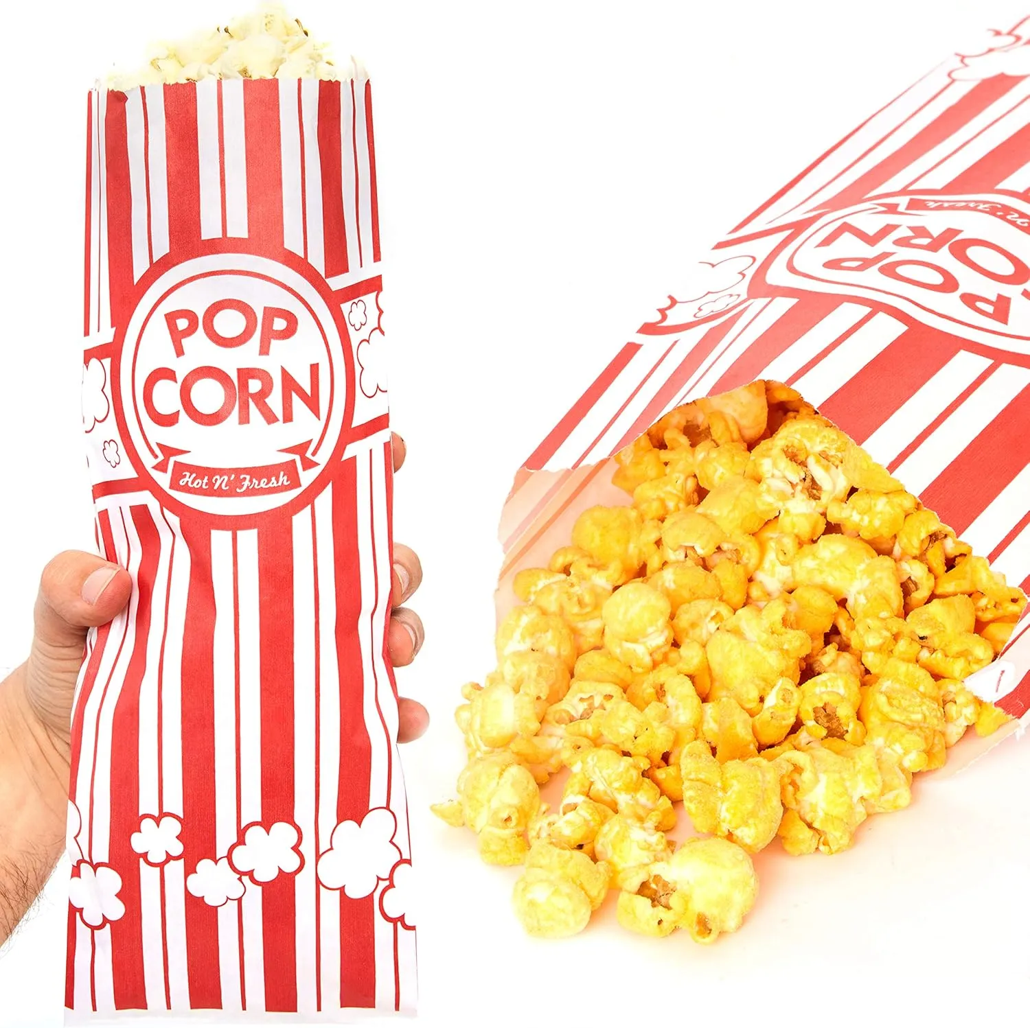 Leak-proof, Grease Resistant Popcorn Bags 50 Pack. Tear Resistant, Single Serving 2oz Paper Sleeves in Nostalgic Red/White Design. Great Movie Theme Party Supplies, Retro Carnivals & Fundraisers
