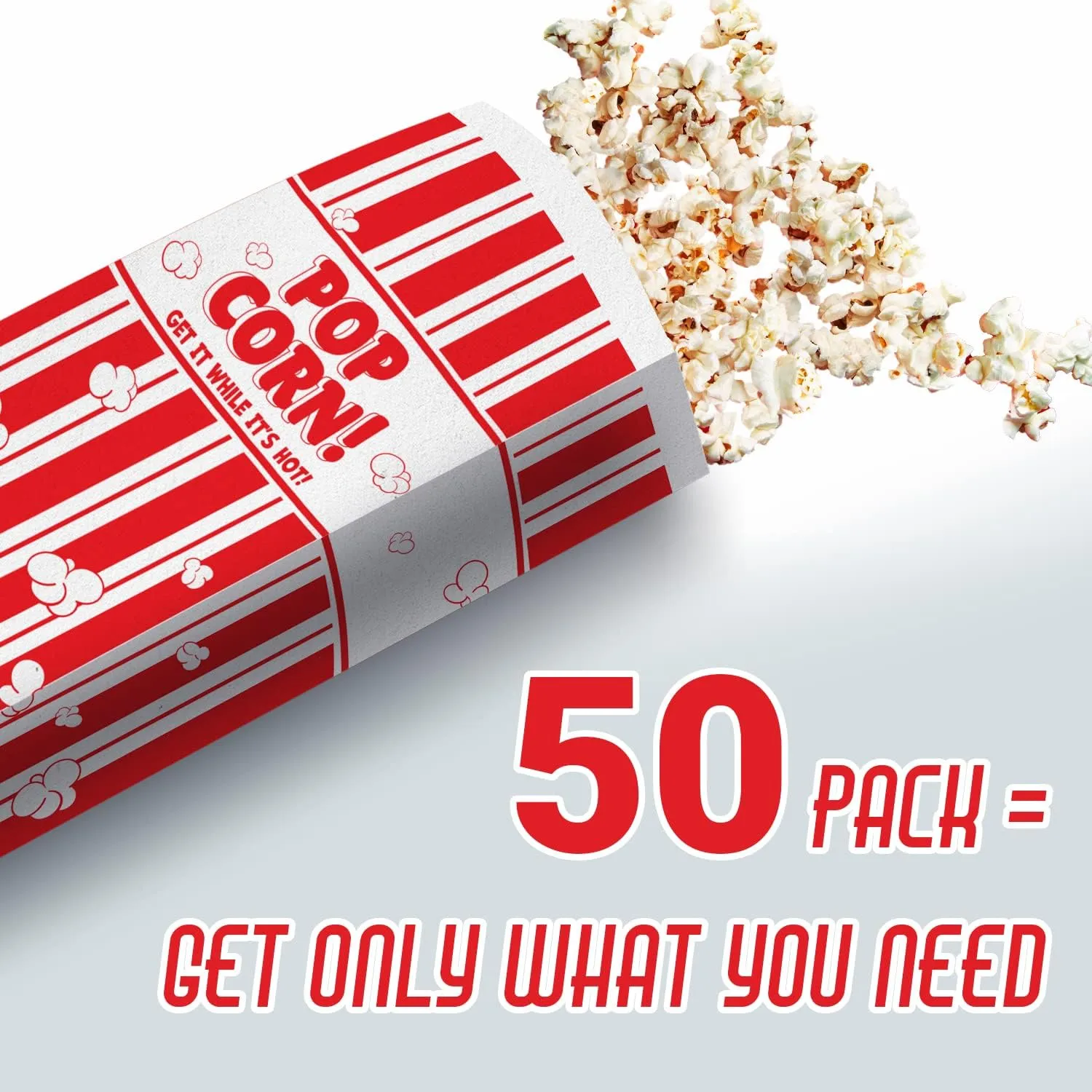 Leak-proof, Grease Resistant Popcorn Bags 50 Pack. Tear Resistant, Single Serving 2oz Paper Sleeves in Nostalgic Red/White Design. Great Movie Theme Party Supplies, Retro Carnivals & Fundraisers